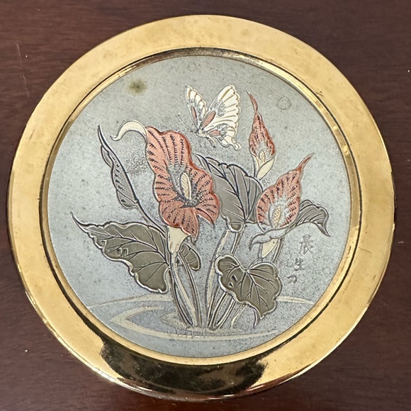 The Art Of Chokin Jewelry Dish 24k Gold Trim W/Butterfly &  Lillys. - Picture 2 of 7